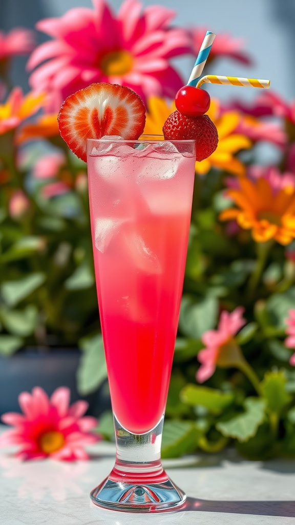 A refreshing pink drink in a glass, garnished with strawberry and cherry, on a summer-themed background.