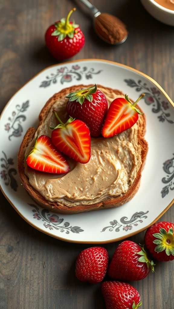 A slice of toast topped with almond butter and fresh strawberries, with additional strawberries on the side.