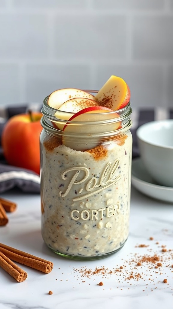 A jar of apple cinnamon overnight oats topped with apple slices and cinnamon on a marble countertop