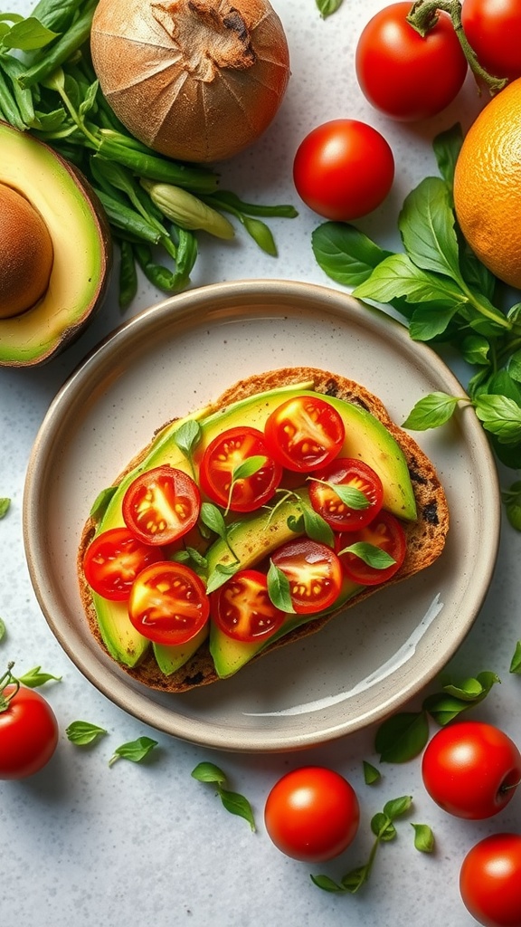 A plate with avocado toast topped with cherry tomatoes, surrounded by fresh ingredients.