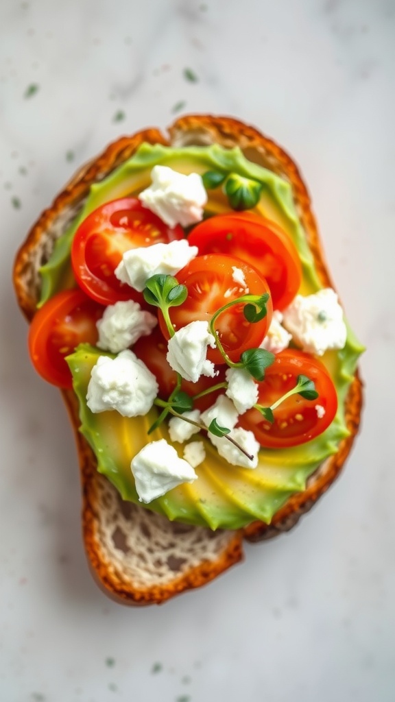 Avocado toast topped with cherry tomatoes and feta cheese on whole grain bread.