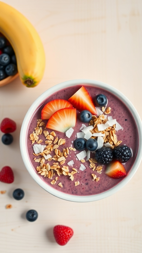 A berry smoothie bowl topped with fresh strawberries, blueberries, granola, and coconut, accompanied by a banana and other berries.