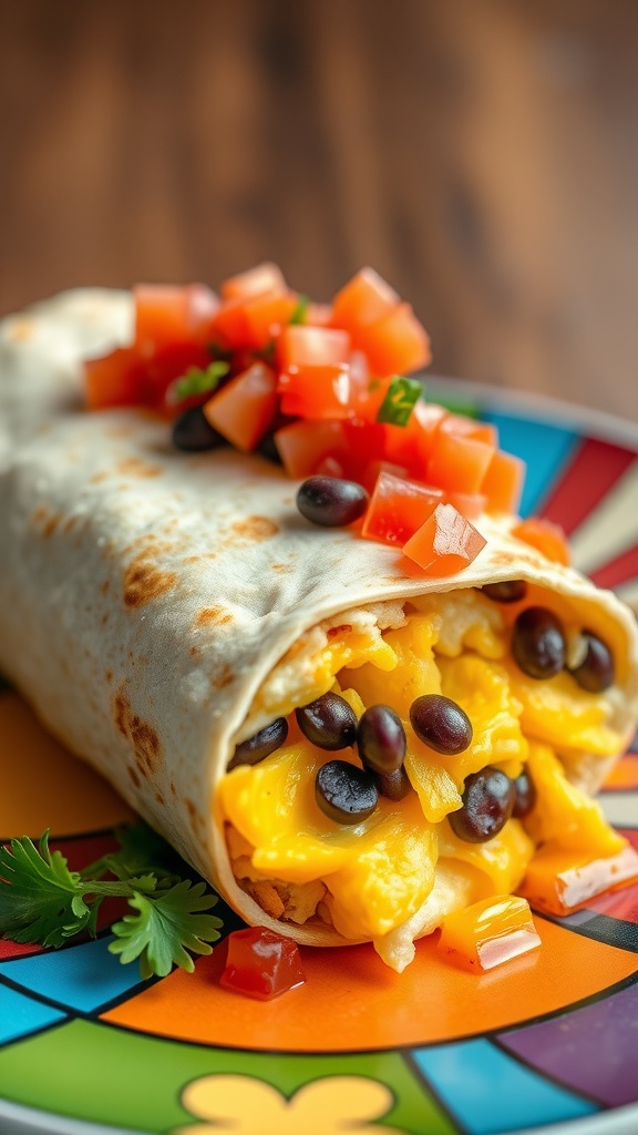 A delicious breakfast burrito filled with scrambled eggs, black beans, and topped with salsa, served on a colorful plate.