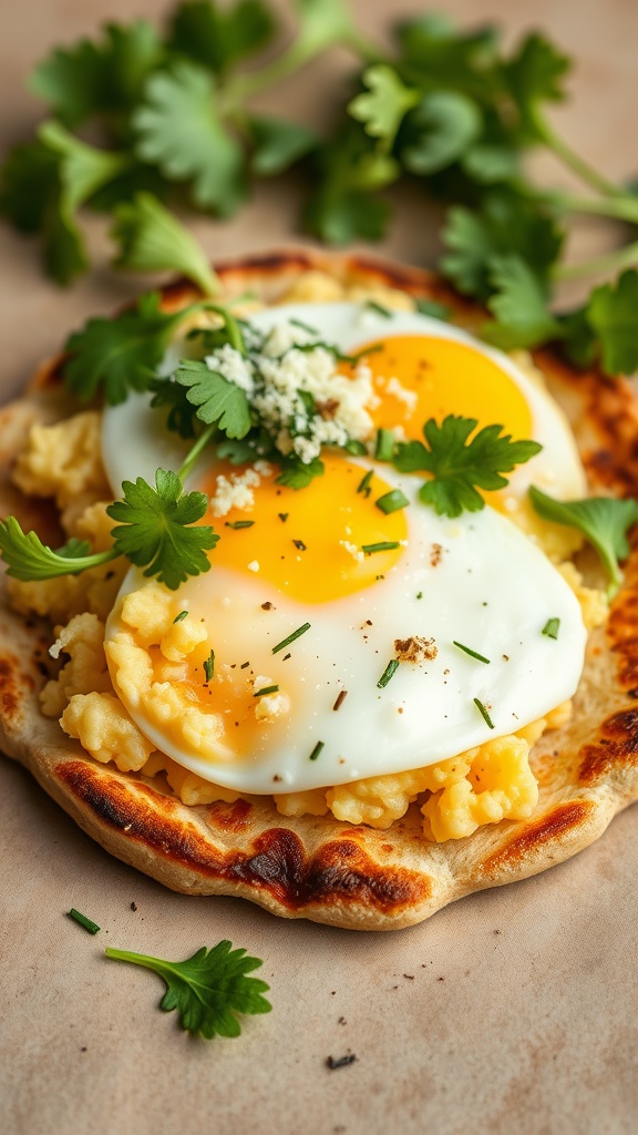 A delicious flatbread topped with scrambled eggs and greens