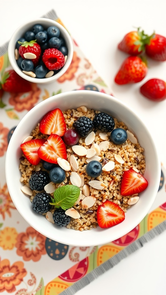 Bowl of quinoa topped with berries and almonds on a colorful background