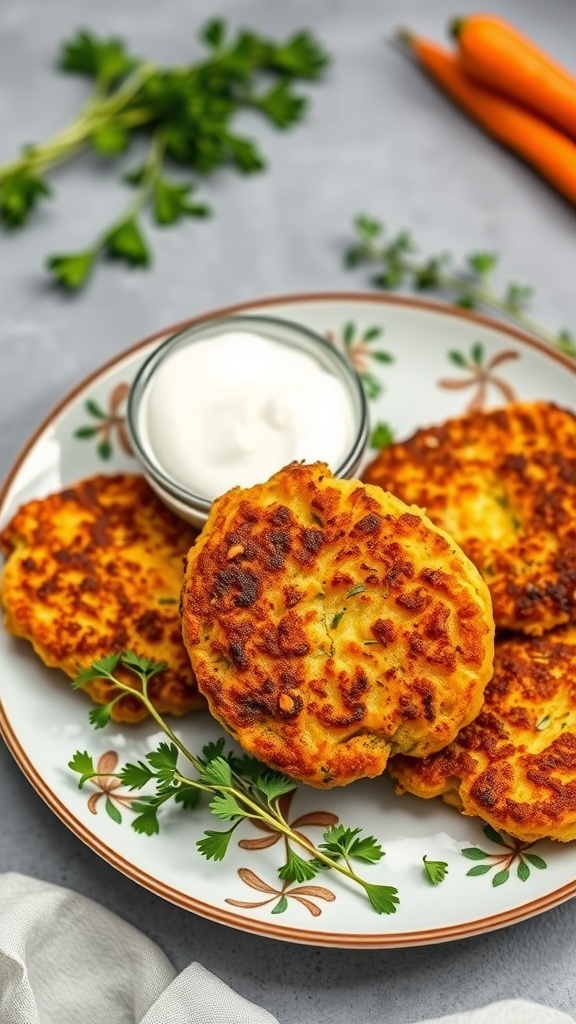 A plate of golden-brown carrot and zucchini fritters with a bowl of yogurt and fresh herbs.