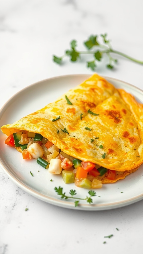 A delicious cheesy vegetable omelette filled with colorful vegetables and topped with fresh herbs.