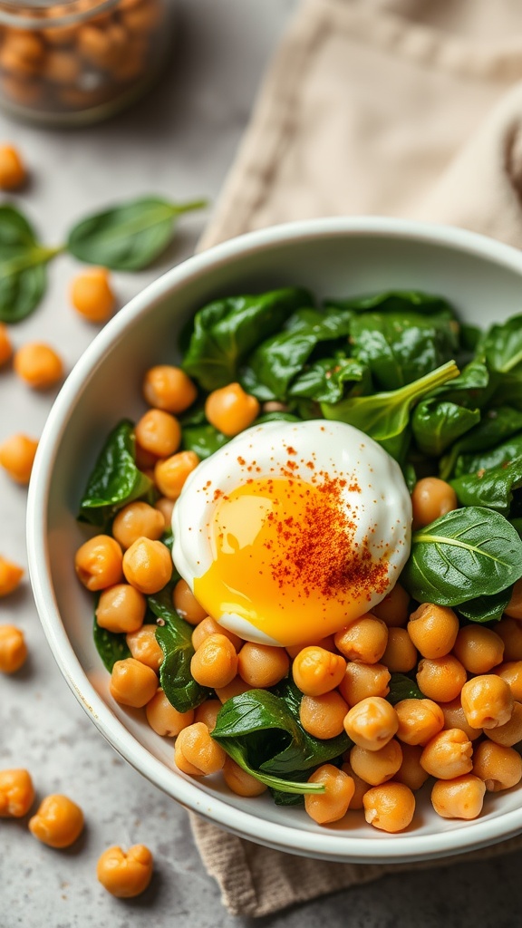 Chickpea and Spinach Breakfast Bowl with a poached egg on top