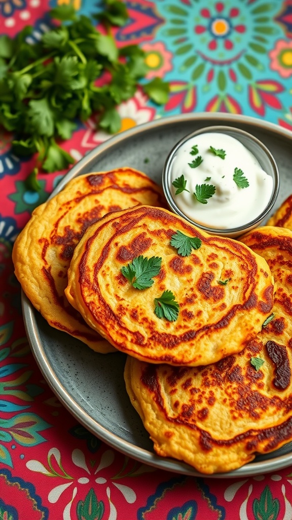 A plate of golden chickpea flour pancakes garnished with cilantro and served with a small bowl of yogurt.