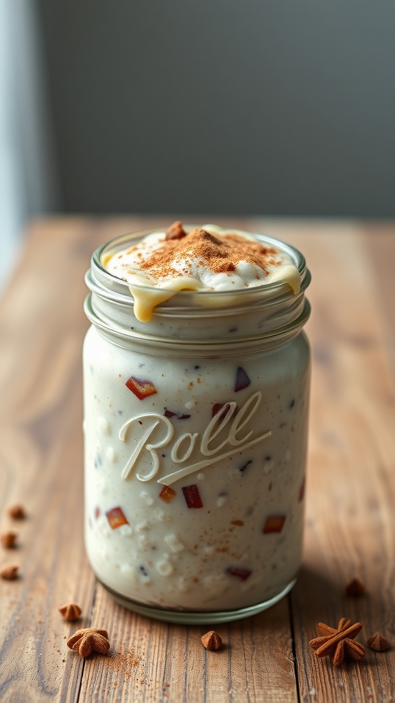 A jar of cinnamon roll overnight oats topped with cinnamon and surrounded by star anise on a wooden surface.