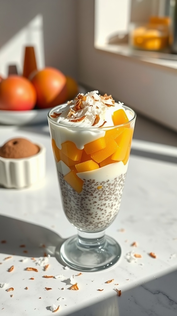 A glass of coconut chia seed pudding topped with mango and coconut flakes, with fresh fruits in the background.