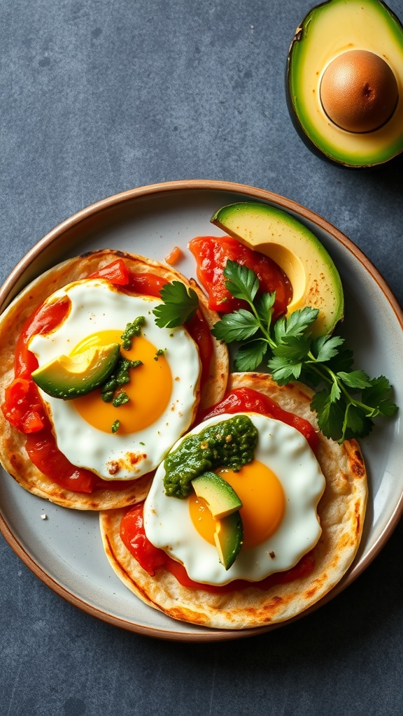 A plate of Huevos Rancheros featuring fried eggs on corn tortillas, topped with salsa verde and garnished with avocado and cilantro.