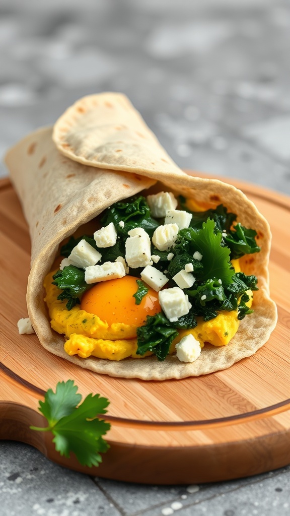 A delicious kale and feta breakfast wrap on a wooden board.