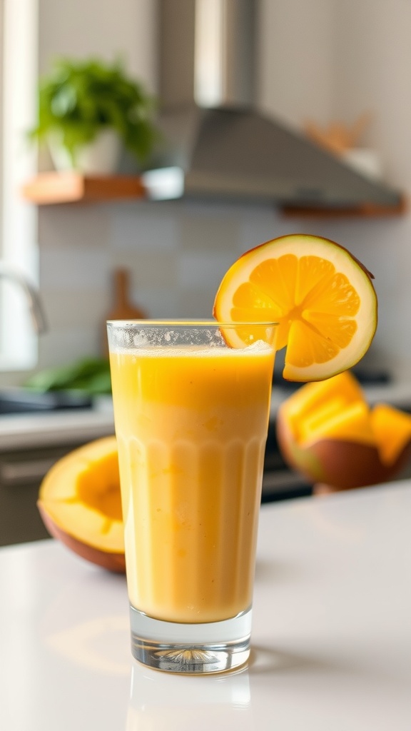 A glass of mango coconut smoothie with a lemon slice on the rim, with cut mango in the background.