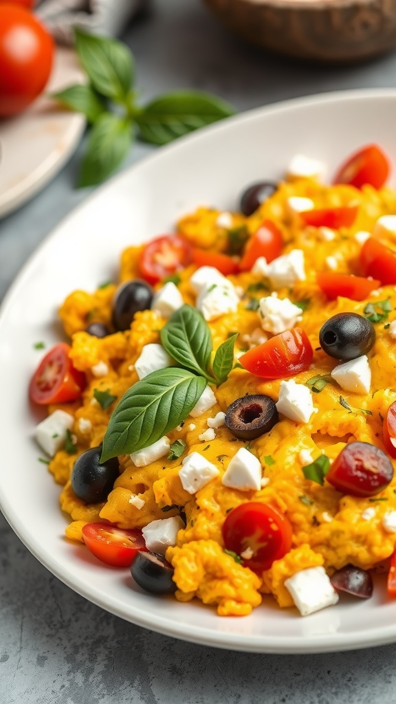 A plate of Mediterranean Egg Scramble with tomatoes, olives, and feta cheese.