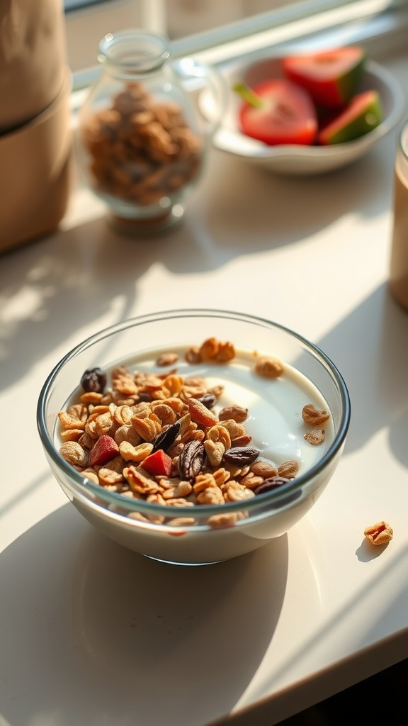 A bowl of yogurt topped with muesli, nuts, and dried fruits, with fresh apple slices in the background.