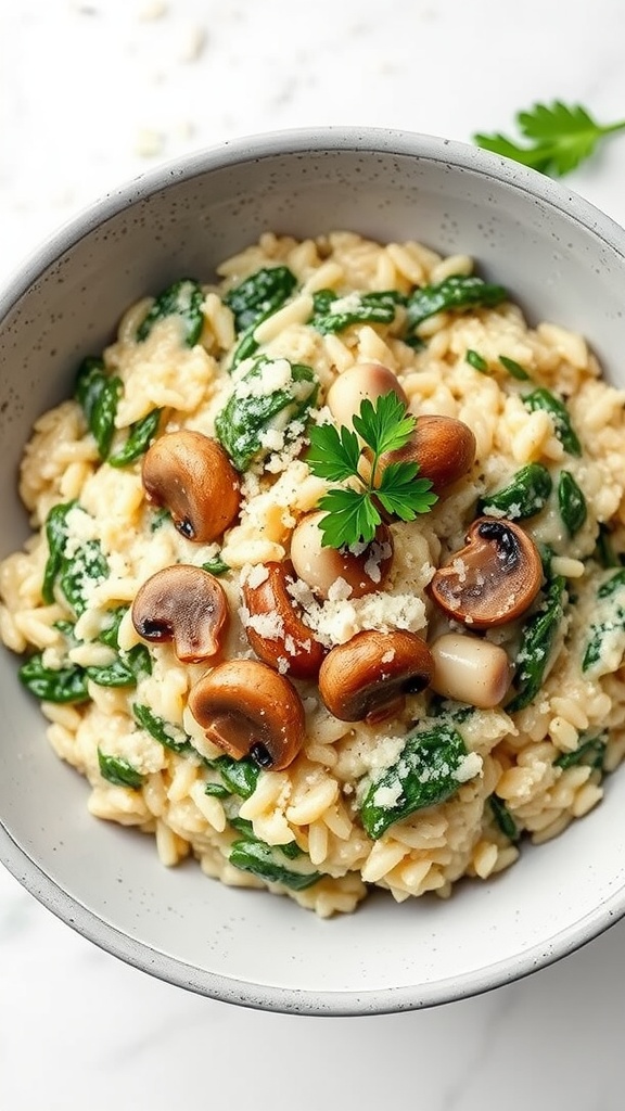 A bowl of creamy mushroom and spinach risotto garnished with parsley.