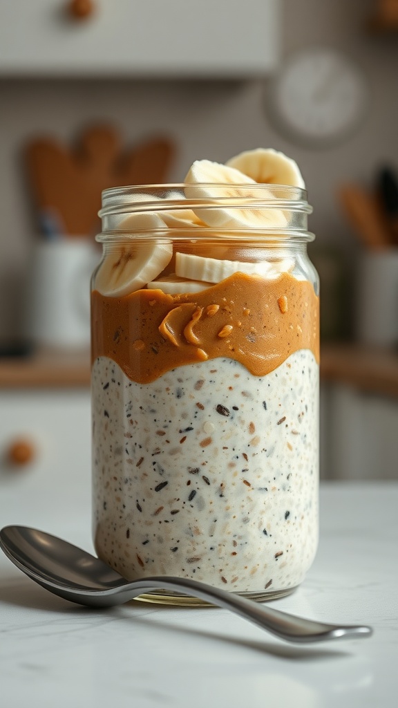 A jar of peanut butter and banana overnight oats topped with banana slices.