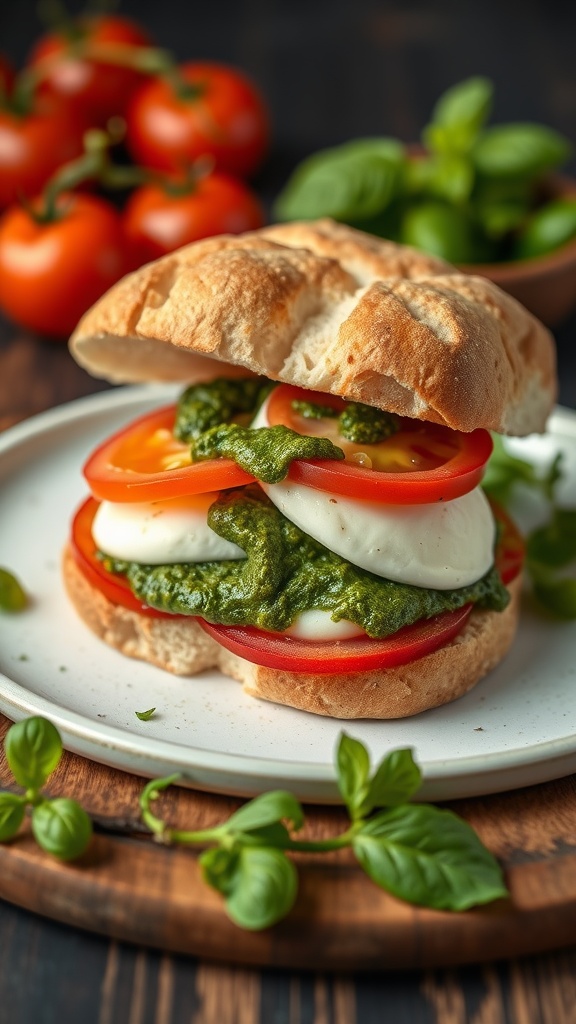 A delicious Pesto and Tomato Breakfast Sandwich, stacked with fresh ingredients.