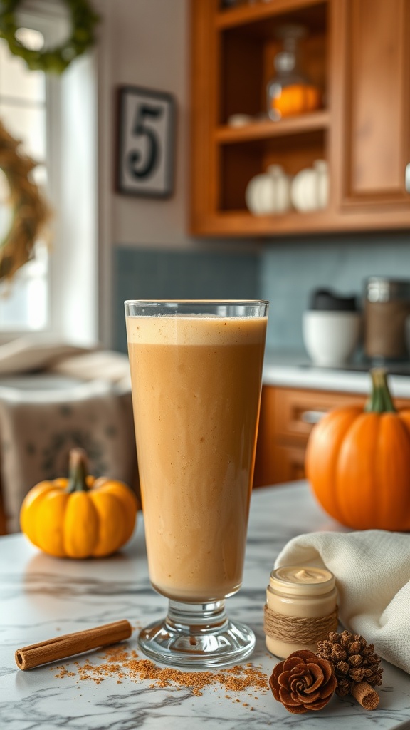 A glass of pumpkin spice smoothie on a marble countertop with pumpkins and cinnamon.