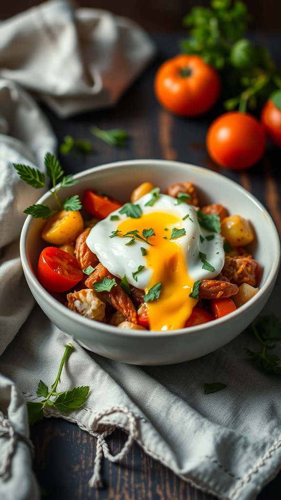 A bowl of ratatouille with a poached egg on top, garnished with parsley.