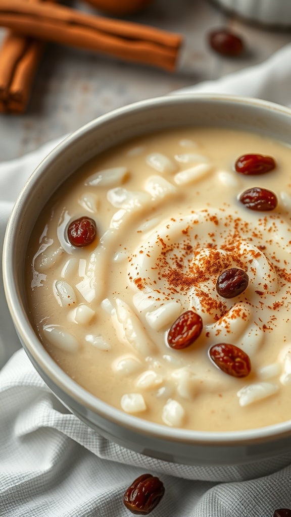 A bowl of creamy rice pudding topped with raisins and a sprinkle of cinnamon on a white cloth