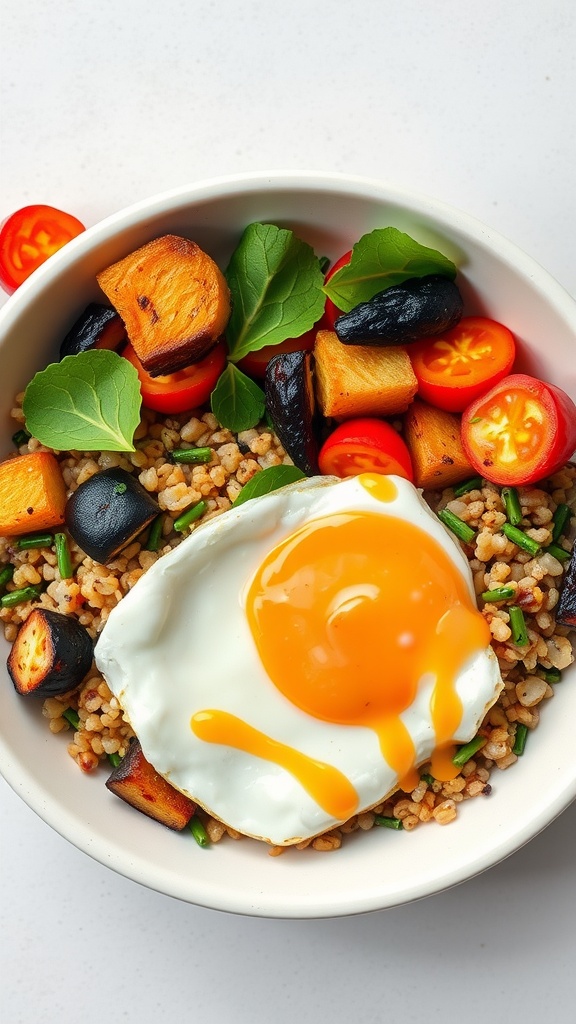 A nutritious quinoa bowl topped with vegetables and a runny egg