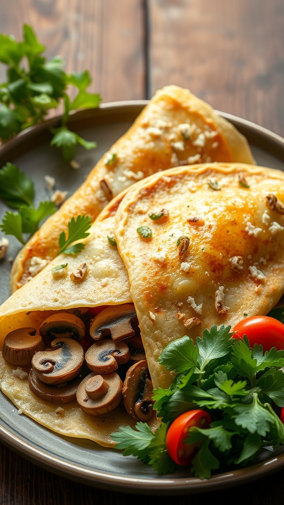 Savory crepes filled with mushrooms and cheese, garnished with fresh herbs.