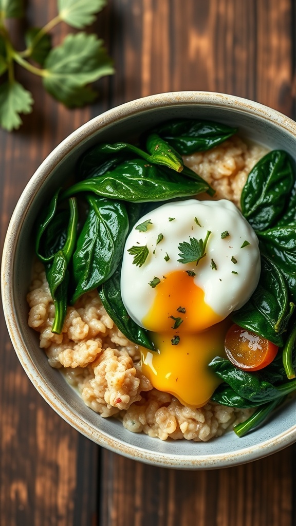 A bowl of savory oatmeal topped with fresh spinach and a poached egg.