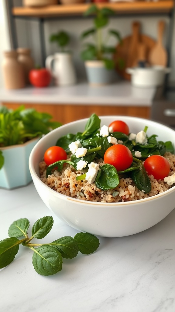 A savory quinoa breakfast bowl with cherry tomatoes, spinach, and feta cheese on a kitchen counter