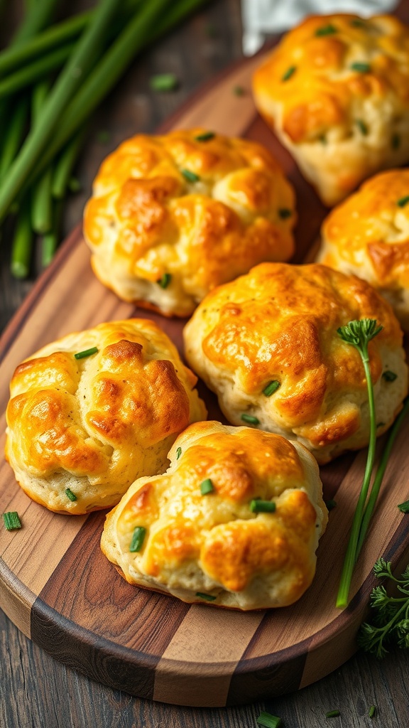 Savory scones with cheese and chives on a wooden board, garnished with green herbs.