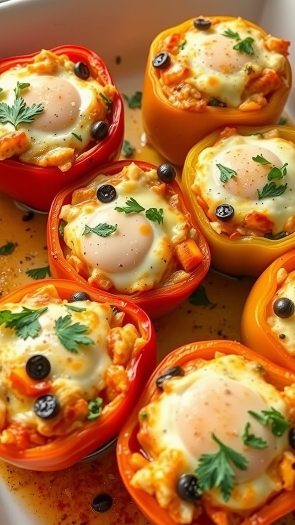 Savory stuffed bell peppers filled with eggs and vegetables.