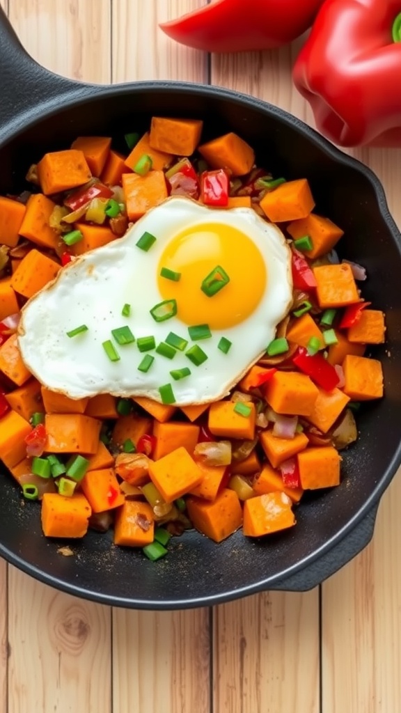 A delicious serving of savory sweet potato hash topped with an egg and herbs.