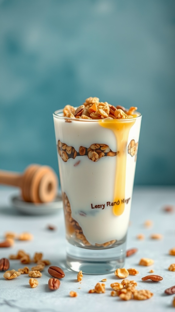 Savory yogurt parfait layered with granola and nuts, drizzled with honey.