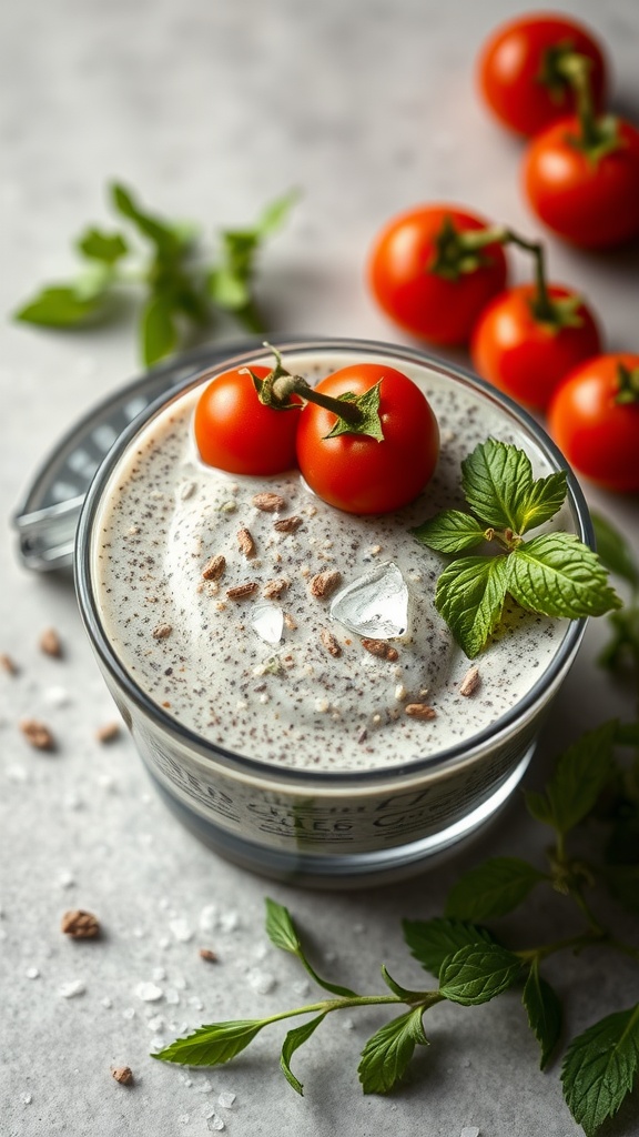 A healthy bowl of savory chia seed pudding garnished with cherry tomatoes and fresh herbs.