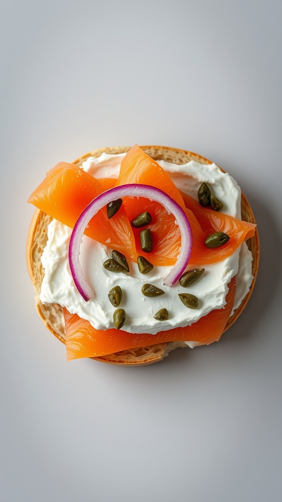 A toasted bagel topped with cream cheese, smoked salmon, red onion slices, and capers, garnished with fresh herbs.