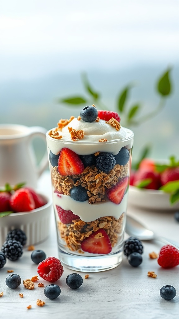 A colorful soy yogurt parfait layered with granola and fresh fruits, including strawberries, blueberries, and blackberries, in a clear glass.