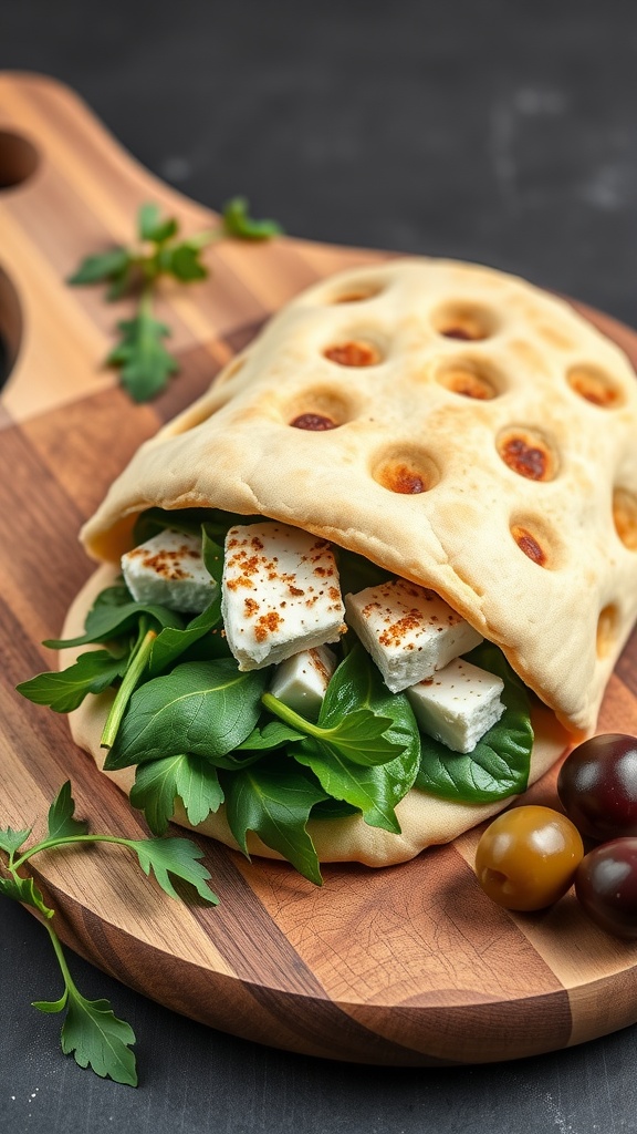 A spinach and feta stuffed pita on a wooden cutting board, showcasing fresh spinach and feta cheese.