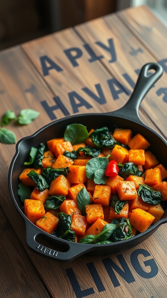 A skillet filled with colorful sweet potato hash with spinach