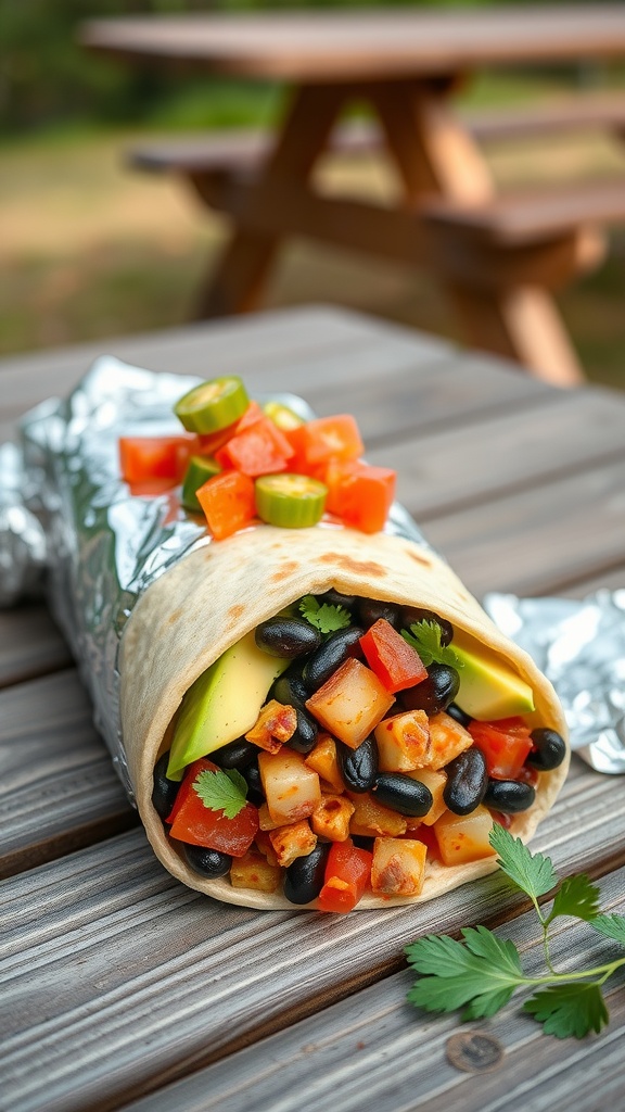 A vegan breakfast burrito filled with black beans, diced potatoes, bell peppers, and avocado, wrapped in a tortilla and topped with fresh cilantro.