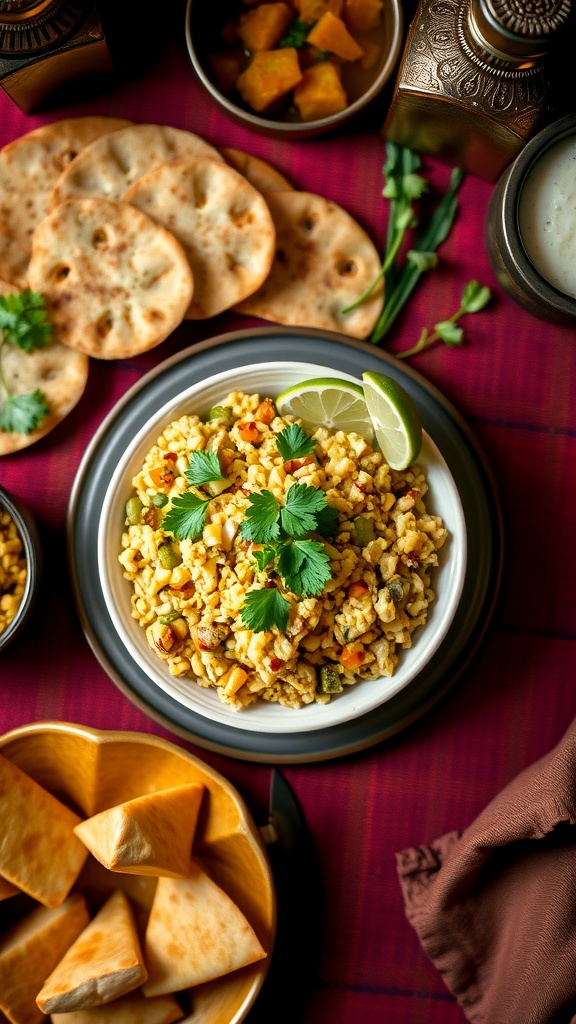 A bowl of Vegetable Upma with fresh cilantro and lime, surrounded by flatbreads and a vegetable side dish.