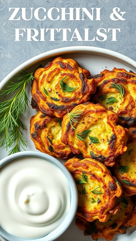 A plate of crispy zucchini fritters served with a yogurt sauce.