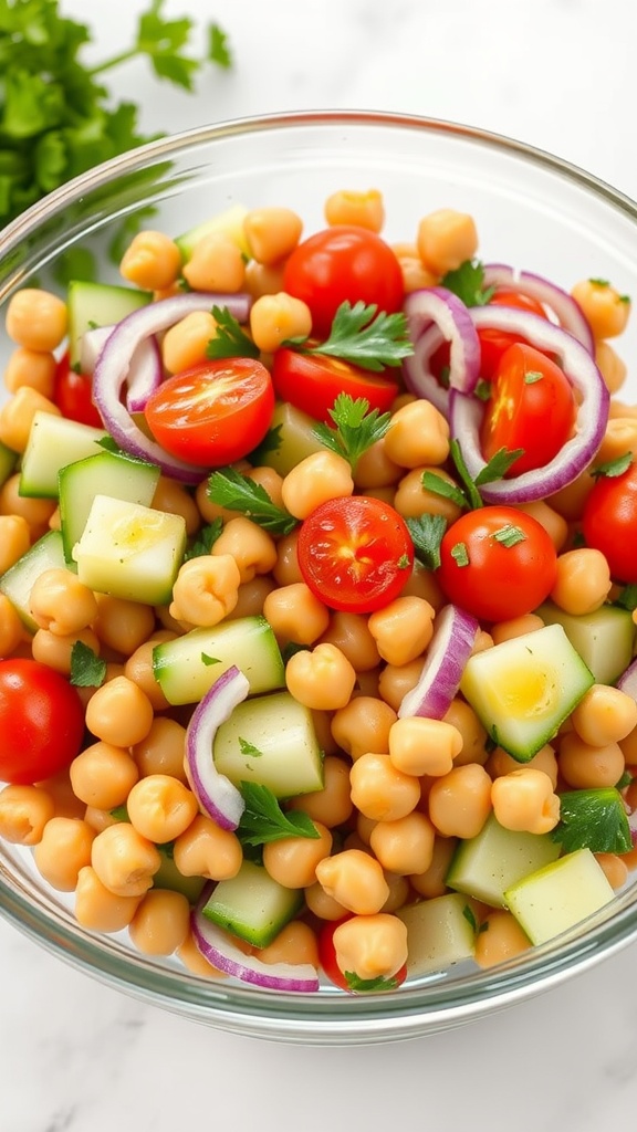 Chickpea salad with cherry tomatoes, cucumber, and red onion.