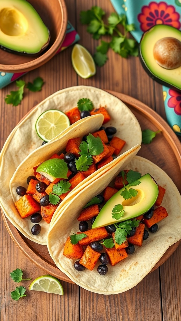 Two sweet potato and black bean tacos topped with avocado and cilantro, served with lime wedges.