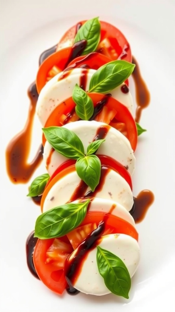 A plate of Caprese Salad with sliced mozzarella, tomatoes, and basil leaves drizzled with balsamic reduction.