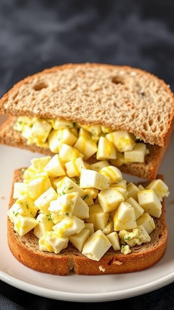 A delicious egg salad sandwich on whole grain bread
