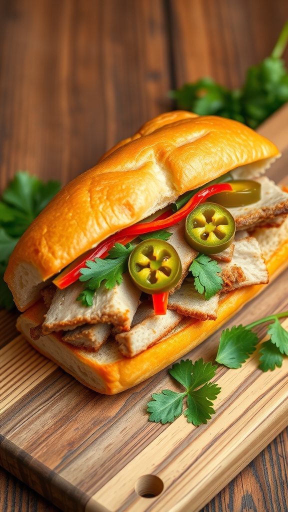 A delicious Banh Mi sandwich filled with protein, pickled vegetables, and fresh herbs.