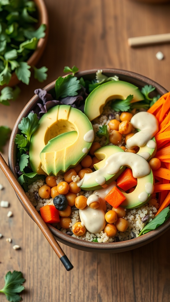 A colorful Buddha bowl filled with grains, chickpeas, avocados, carrots, and greens topped with a creamy dressing.