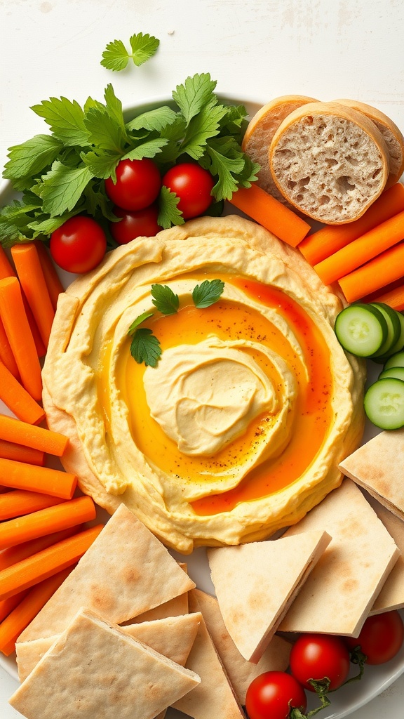 A plate with hummus surrounded by carrots, cucumbers, cherry tomatoes, and pita bread.