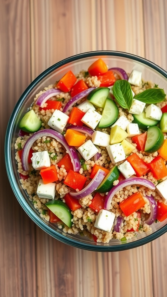 A colorful quinoa salad with vegetables and feta cheese.